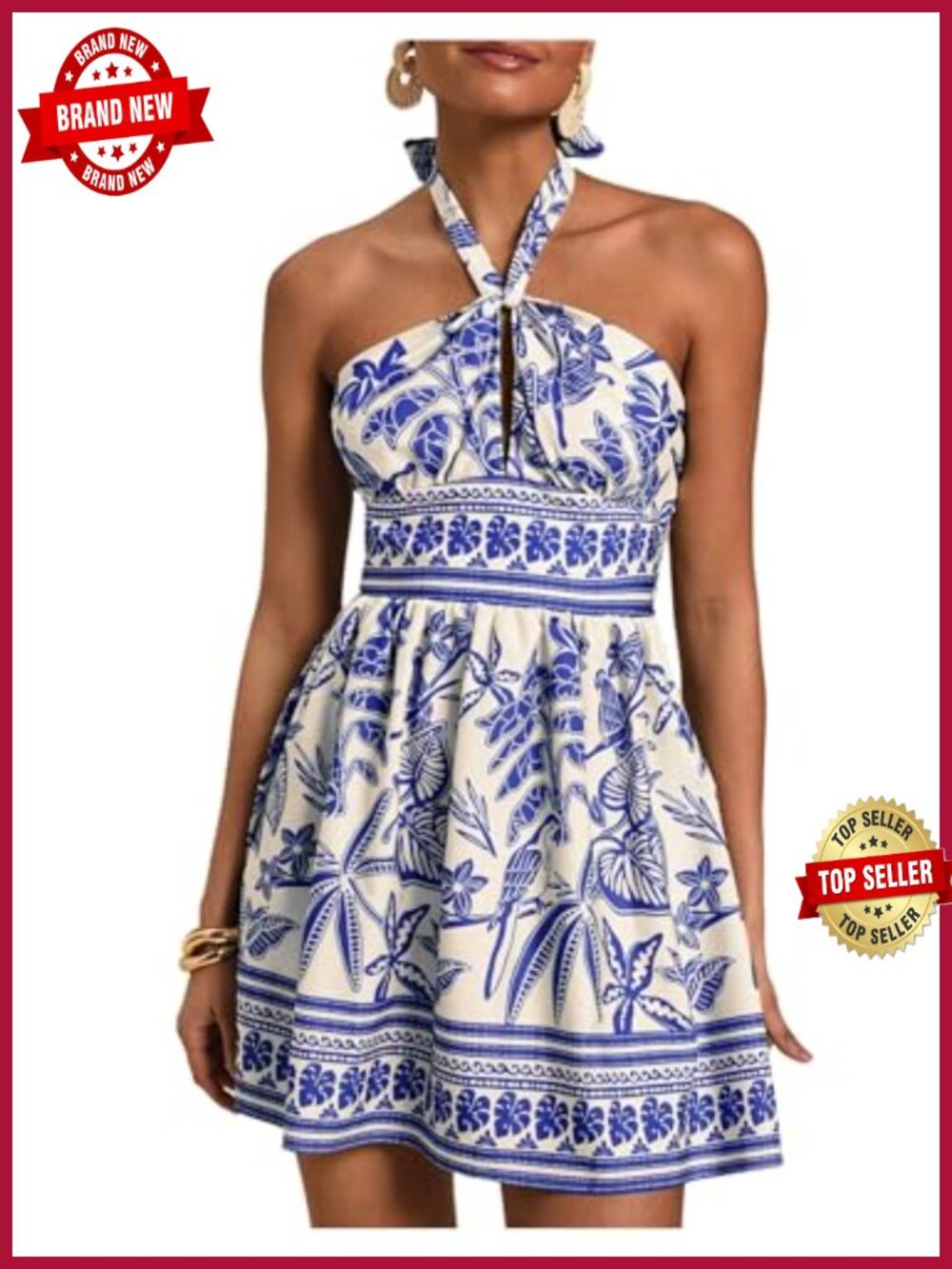 SOLY HUX Women's Tropical Halter A-Line Mini Sundress Vacation Dress